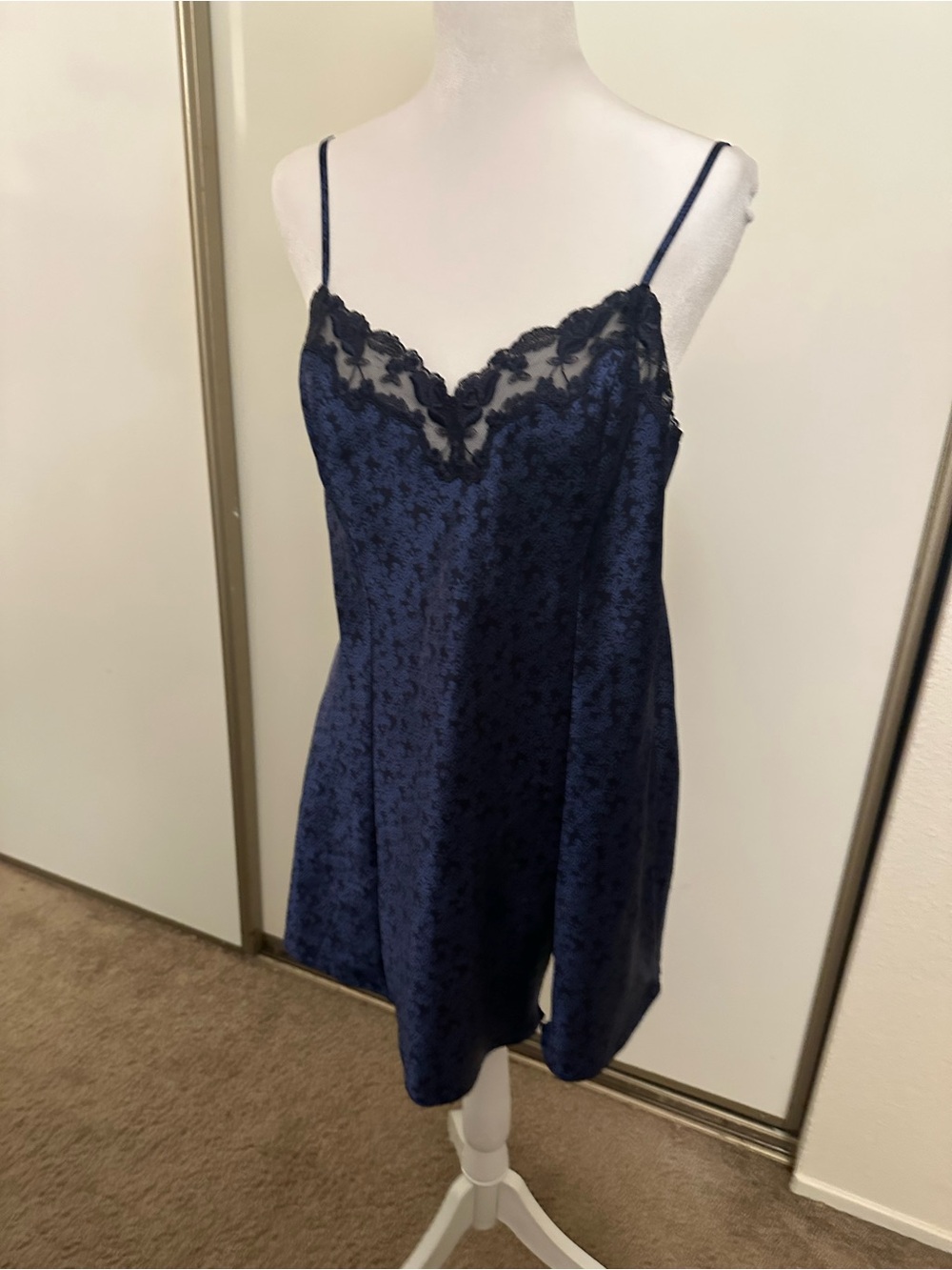 Victoria's Secret vintage  Navy Lace-Trim Satin Chemise